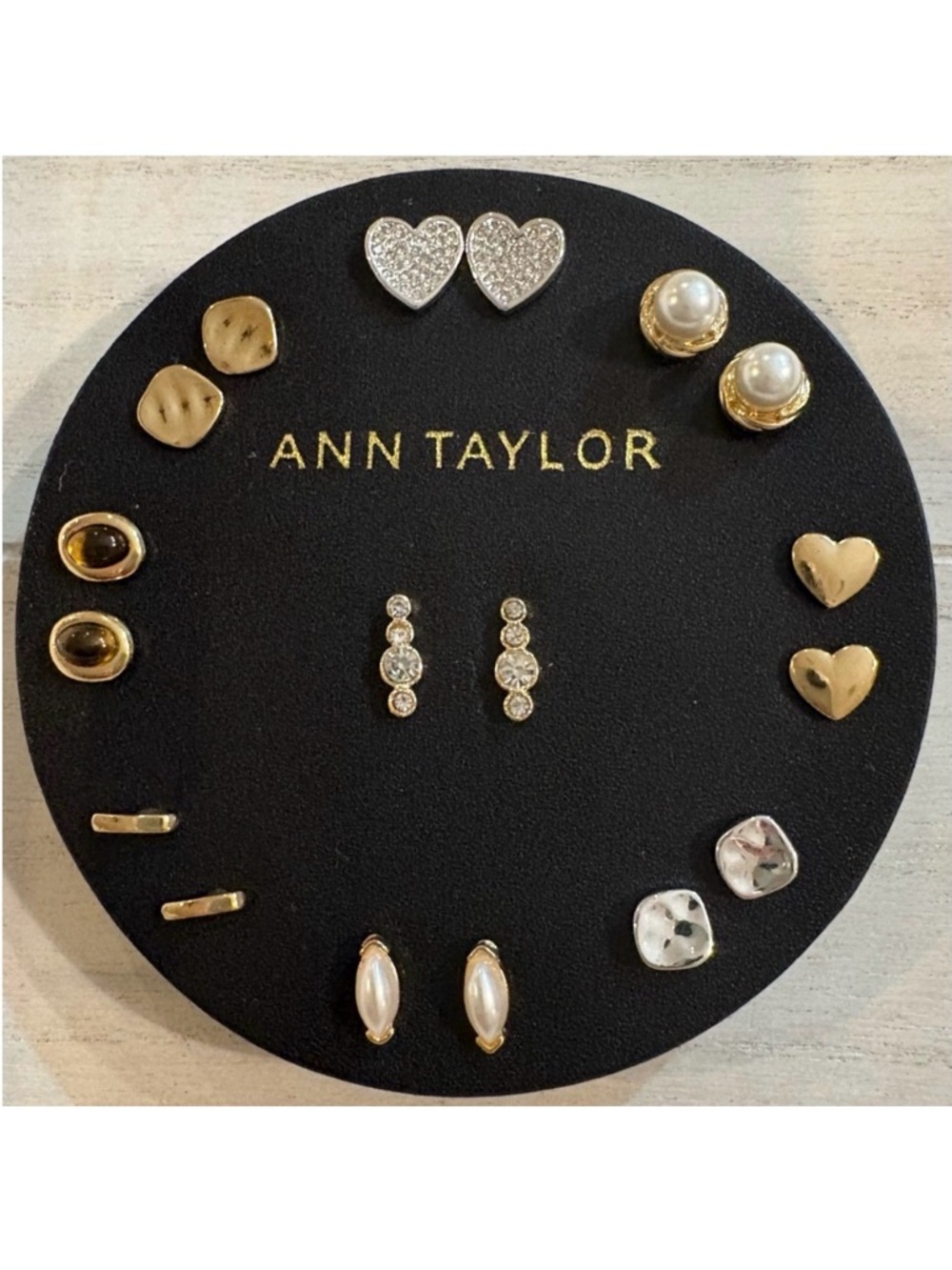NWT Ann Taylor 9 Pair Gold & Silver Earring Set w/ Hearts, Rhinestone and Pearl